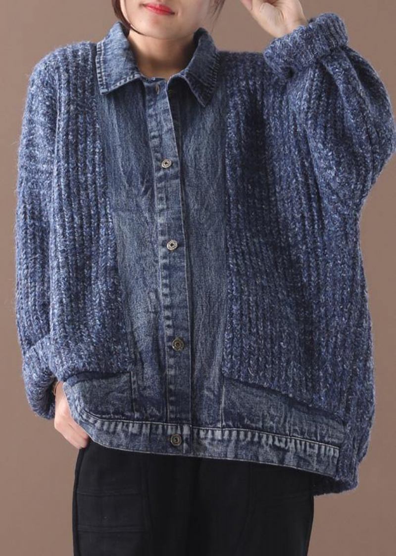 Blauer Damenpullover Bluse Reverskragen Übergroße Patchworkpullover