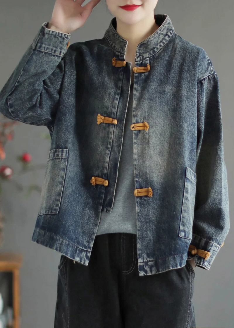 Blauer Denim-mantel Mit Stehkragen Und Knopfleiste Lange Ärmel - Blau