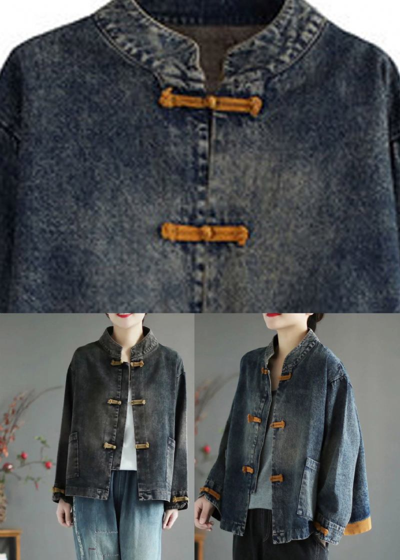 Blauer Denim-mantel Mit Stehkragen Und Knopfleiste Lange Ärmel - Blau