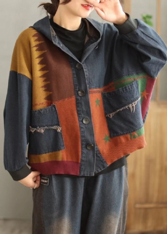 Blauer Patchwork-jeansmantel Mit Kapuze Und Taschen In Übergröße Frühling