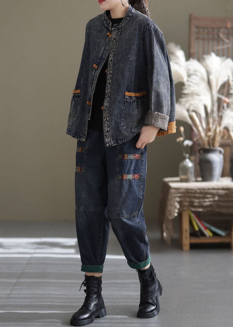 Blauer Patchwork-mantel Aus Baumwolldenim Mit Stehkragen Orientalischem Knopf Herbst - Blau