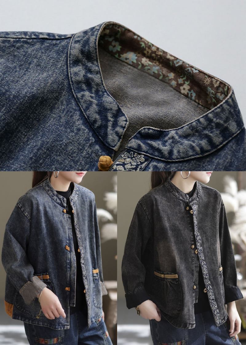 Blauer Patchwork-mantel Aus Baumwolldenim Mit Stehkragen Orientalischem Knopf Herbst - Blau