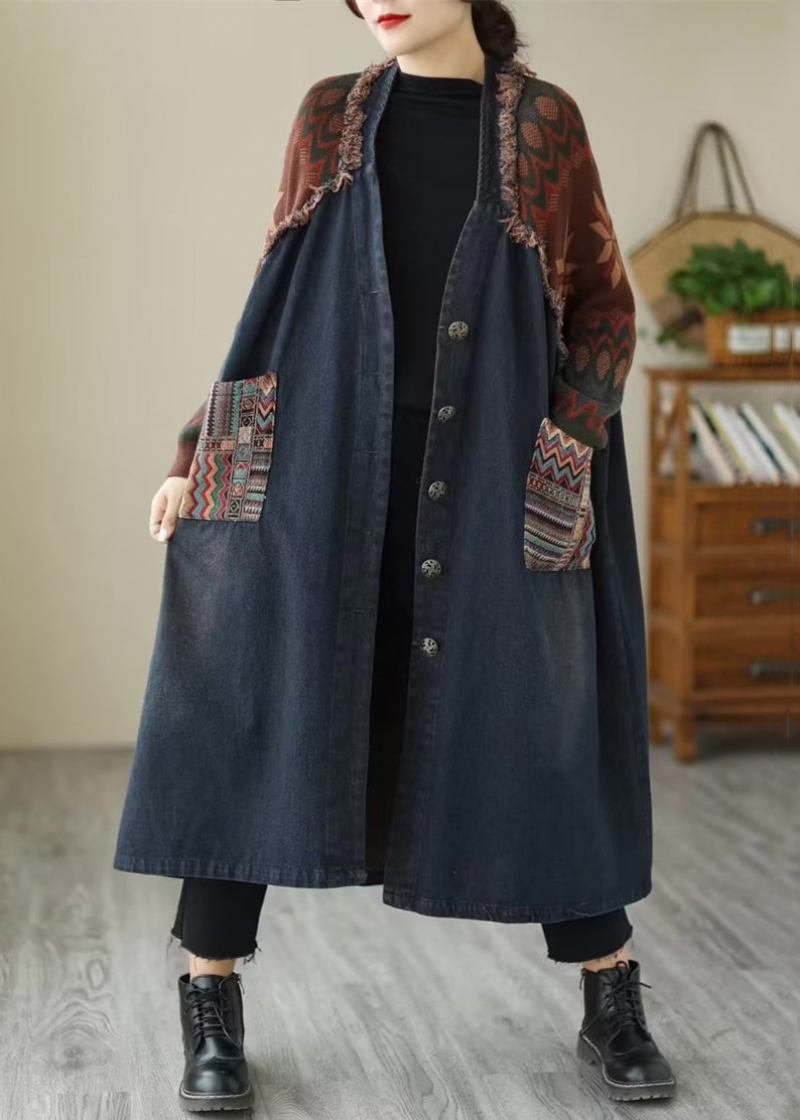 Blauer Patchwork-mantel Aus Denim Mit V-ausschnitt Und Taschen Herbst - Damen-Wintermäntel