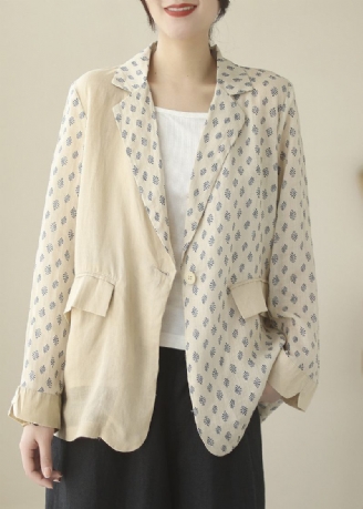 Bohemian Beige Peter Pan Collar Print Ramie Coats Long Sleeve