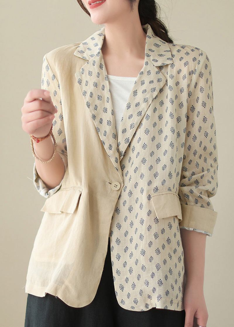 Bohemian Beige Peter Pan Collar Print Ramie Coats Long Sleeve - Beige