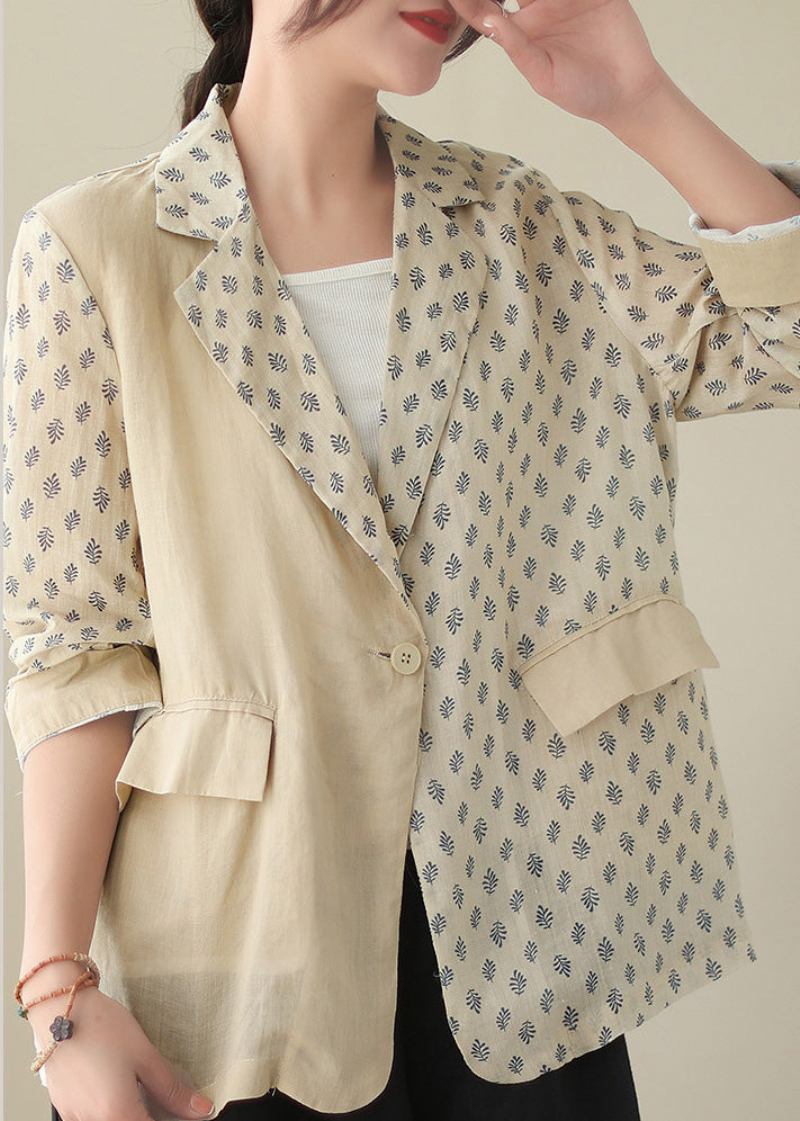 Bohemian Beige Peter Pan Collar Print Ramie Coats Long Sleeve - Beige