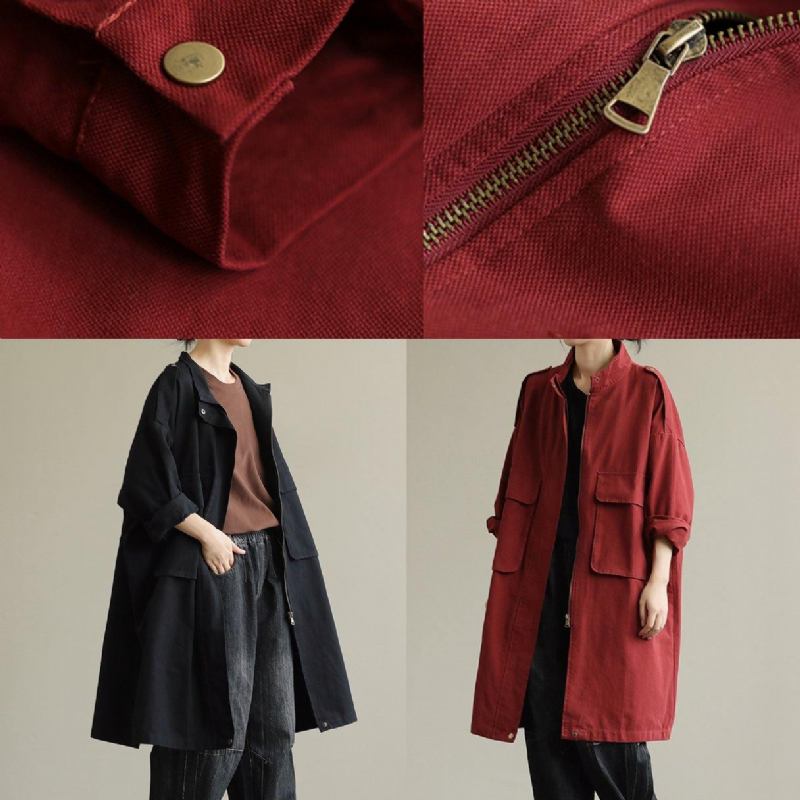 Bohemian-reißverschlusstaschen Feine Herbstmäntel Für Damen Roter Baggy-mantel - Schwarz