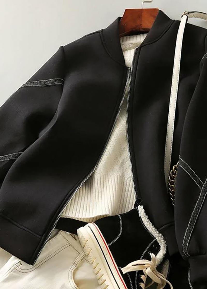 Bohemianische Schwarze Langärmlige Jacke Mit Rundhalsausschnitt Und Reißverschluss Im Patchwork-stil - Damen-Wintermäntel