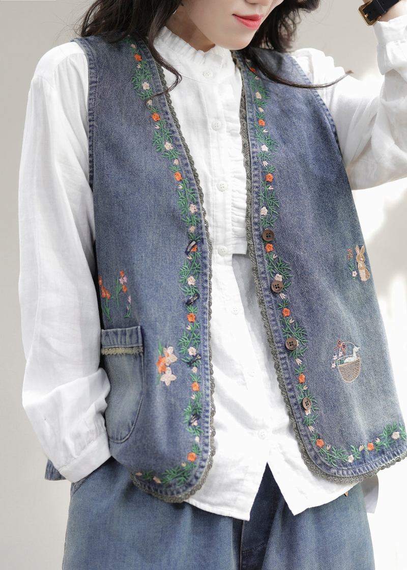 Böhmische Blaue Peter-pan-kragen-jeansjacke Mit Gestreiften Patchwork-knöpfen Für Den Herbst - Damen-Wintermäntel