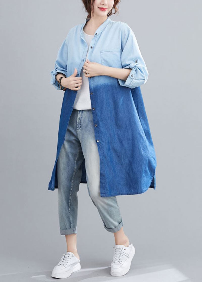 Boho-blauer Herbst-denim-trenchcoat Mit Taschen Und Farbverlauf - Damen-Wintermäntel