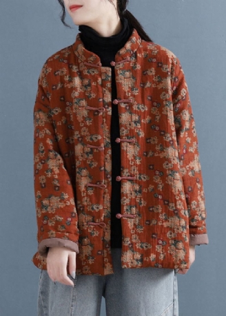 Boho-jacke Mit Rotem Stehkragen Und Orientalischem Knopf Aus Feiner Baumwolle Mit Füllung Für Den Winter