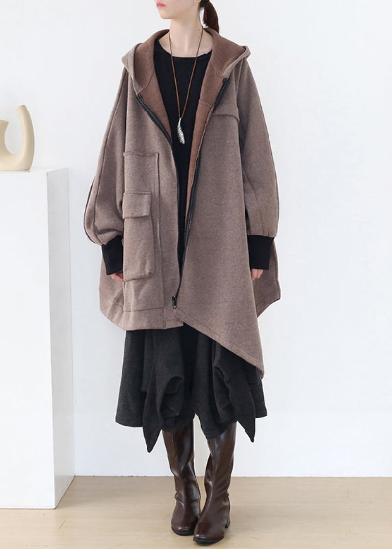 Boho-khaki Asymmetrischer Patchwork-mantel Aus Dicker Baumwolle Mit Reißverschluss Herbst - Damen-Wintermäntel