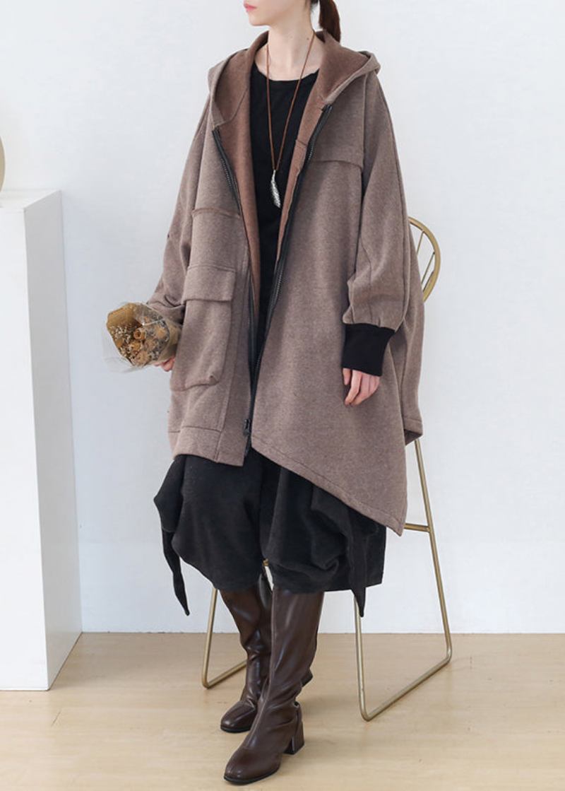 Boho-khaki Asymmetrischer Patchwork-mantel Aus Dicker Baumwolle Mit Reißverschluss Herbst - Damen-Wintermäntel