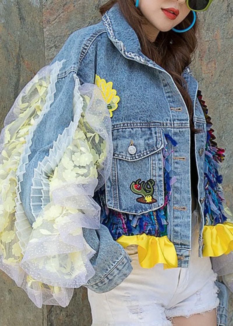 Boutique Blauer Patchwork-jeansmantel Mit Rüschentaschen Und Blumenmuster Frühling - Damen-Wintermäntel