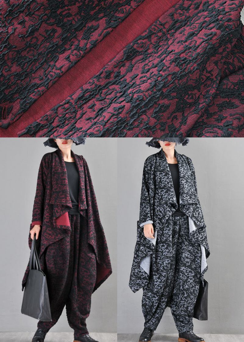 Boutique-herbstmantel Aus Schwarz-grauem Strick Mit Asymmetrischem Muster - Schwarz Rot