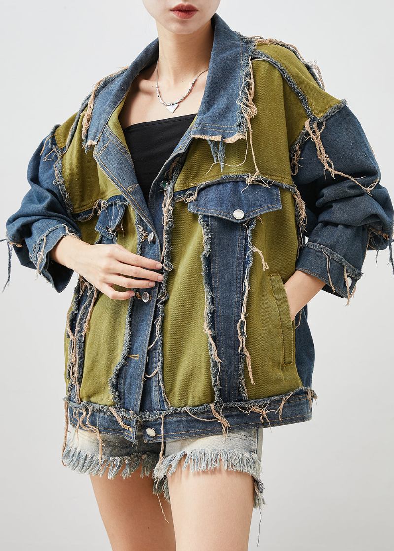 Boutique-jeansmantel Mit Asymmetrischem Patchwork-applikationsmuster In Marineblau Frühling - Damen-Wintermäntel