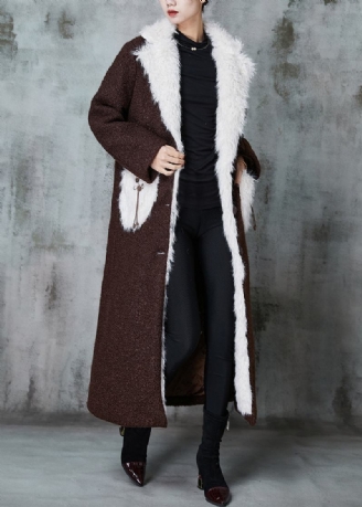 Boutique Schokoladenfarbener Trenchcoat Mit Patchwork-taschen Und Fleece-wolle Gefüttert Winter