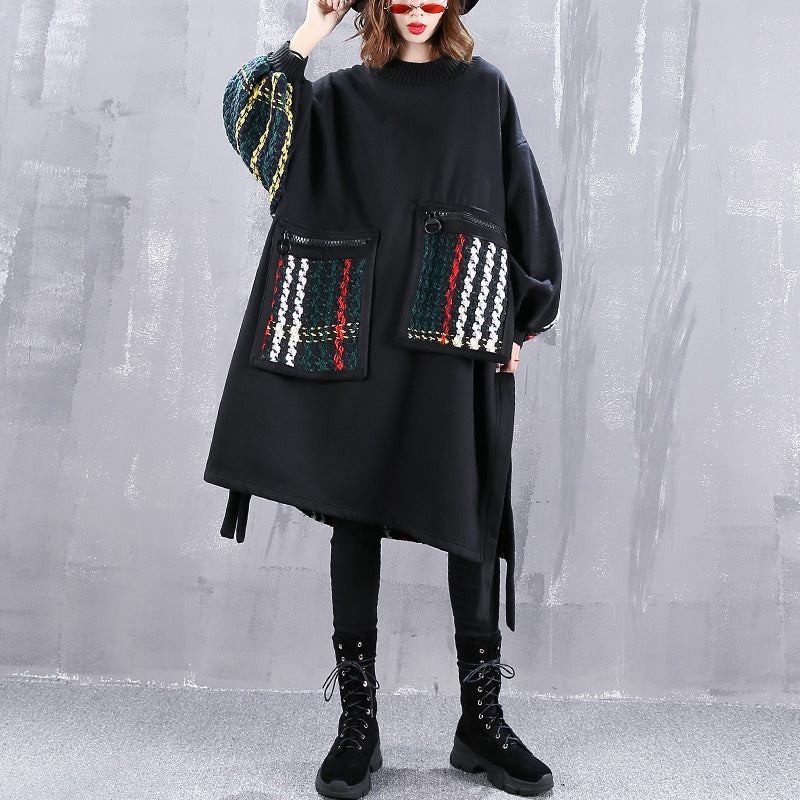 Boutique-schwarzer Mantel In Übergröße Rundhalsausschnitt Patchwork-maxi-t-shirts Für Damen Seitlich Offene Oberteile Mit Taschen - Damen-Wintermäntel