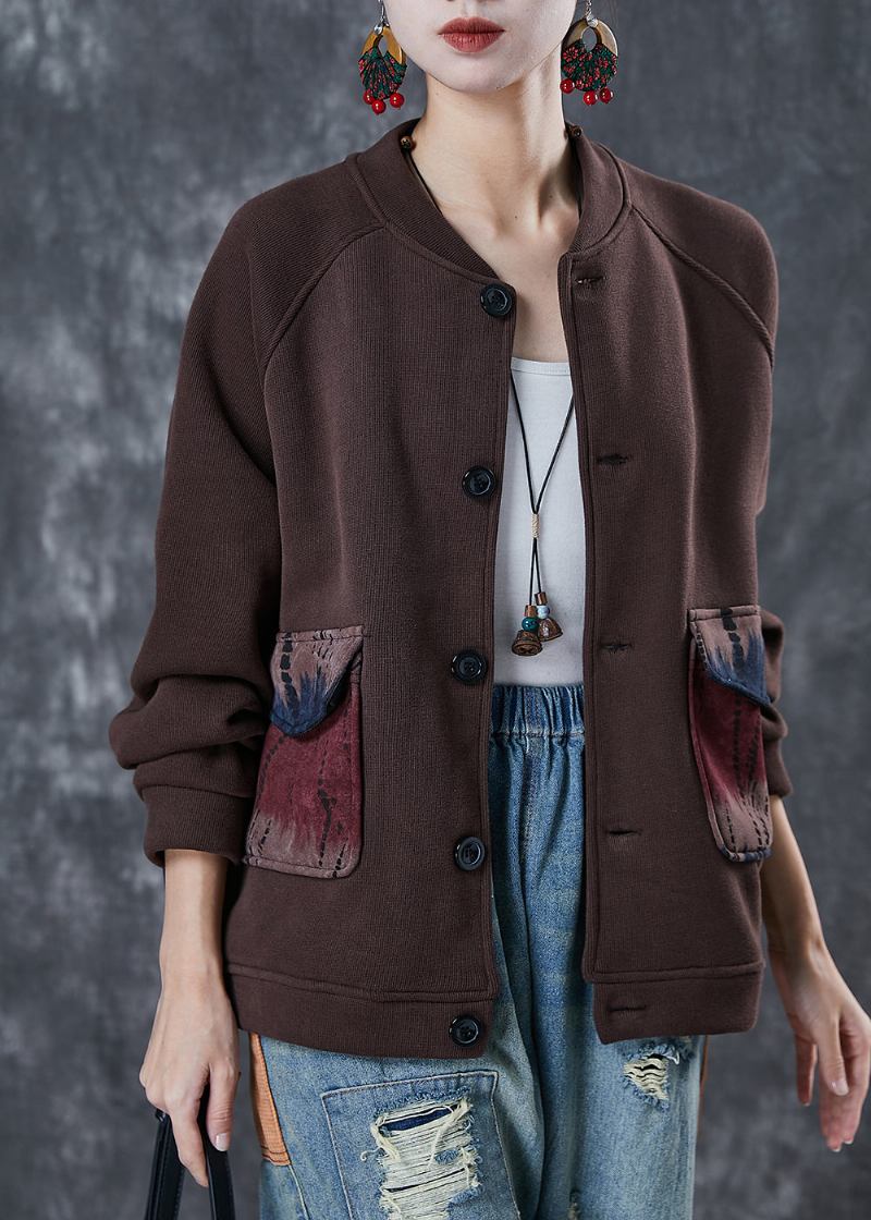 Braune Übergroße Warme Fleecejacken Mit Patchwork-print Winter - Damen-Wintermäntel