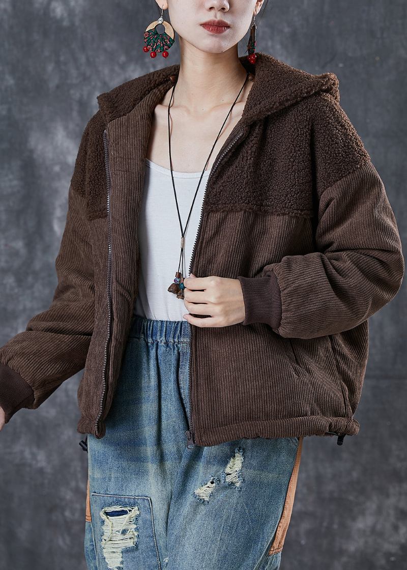 Braune Warme Fleecejacke Mit Patchwork-kapuze Für Den Winter - Damen-Wintermäntel