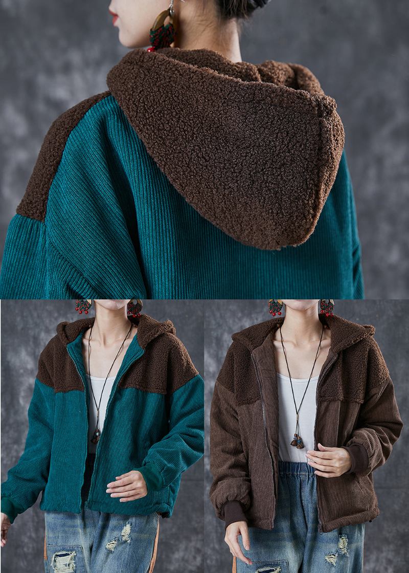 Braune Warme Fleecejacke Mit Patchwork-kapuze Für Den Winter - Damen-Wintermäntel