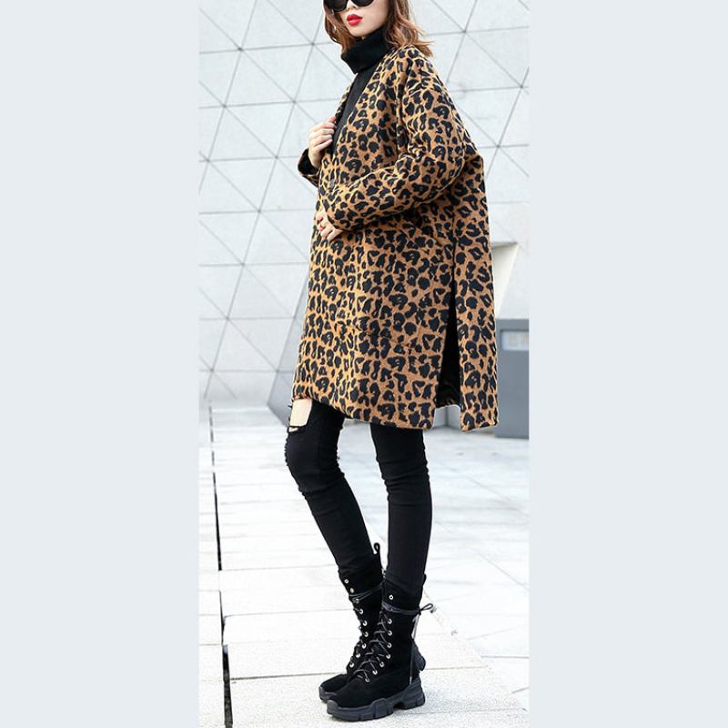 Brauner Mantel Mit Leopardenmuster Lässiger Wintermantel Mit V-ausschnitt Und Taschen Elegante Seitlich Offene Mäntel - Grauer Leopard