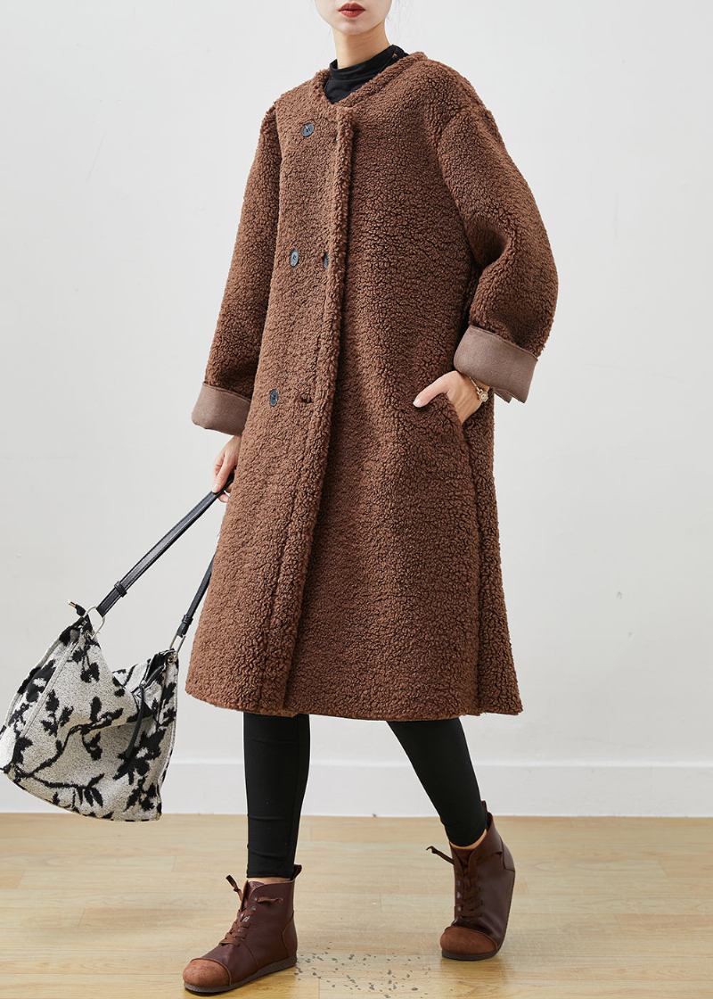 Brauner Teddy-trenchcoat Aus Kunstpelz Mit Übergroßer Zweireihiger Jacke Frühling - Damen-Wintermäntel