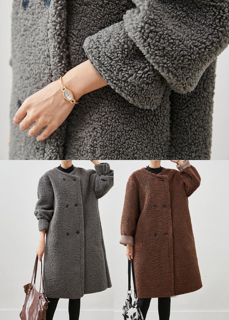 Brauner Teddy-trenchcoat Aus Kunstpelz Mit Übergroßer Zweireihiger Jacke Frühling - Damen-Wintermäntel