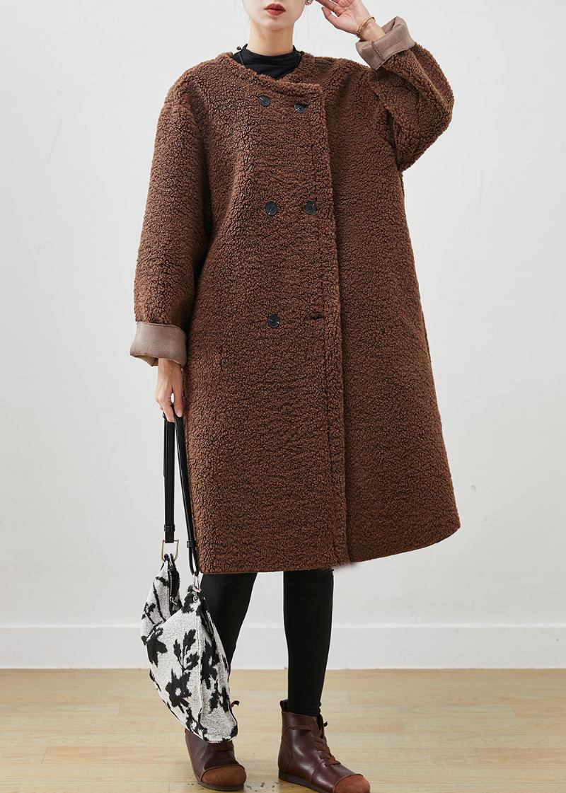 Brauner Teddy-trenchcoat Aus Kunstpelz Mit Übergroßer Zweireihiger Jacke Frühling - Damen-Wintermäntel