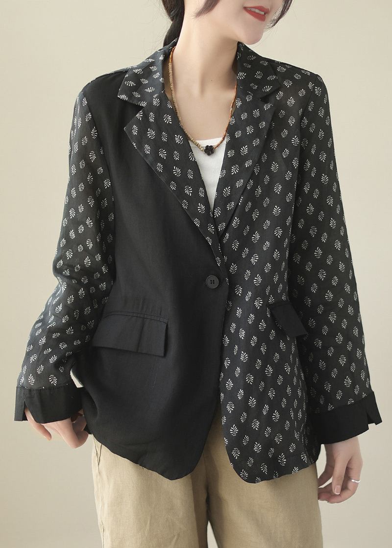 Chic Black Patchwork Button Ramie Coat Frühling