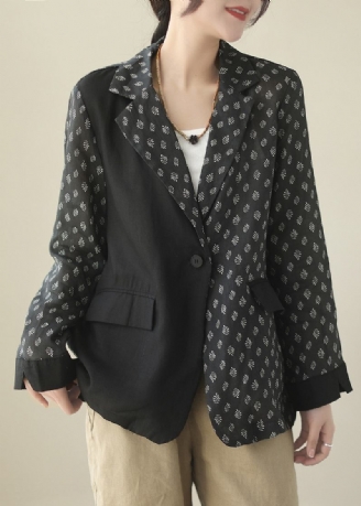 Chic Black Patchwork Button Ramie Coat Frühling