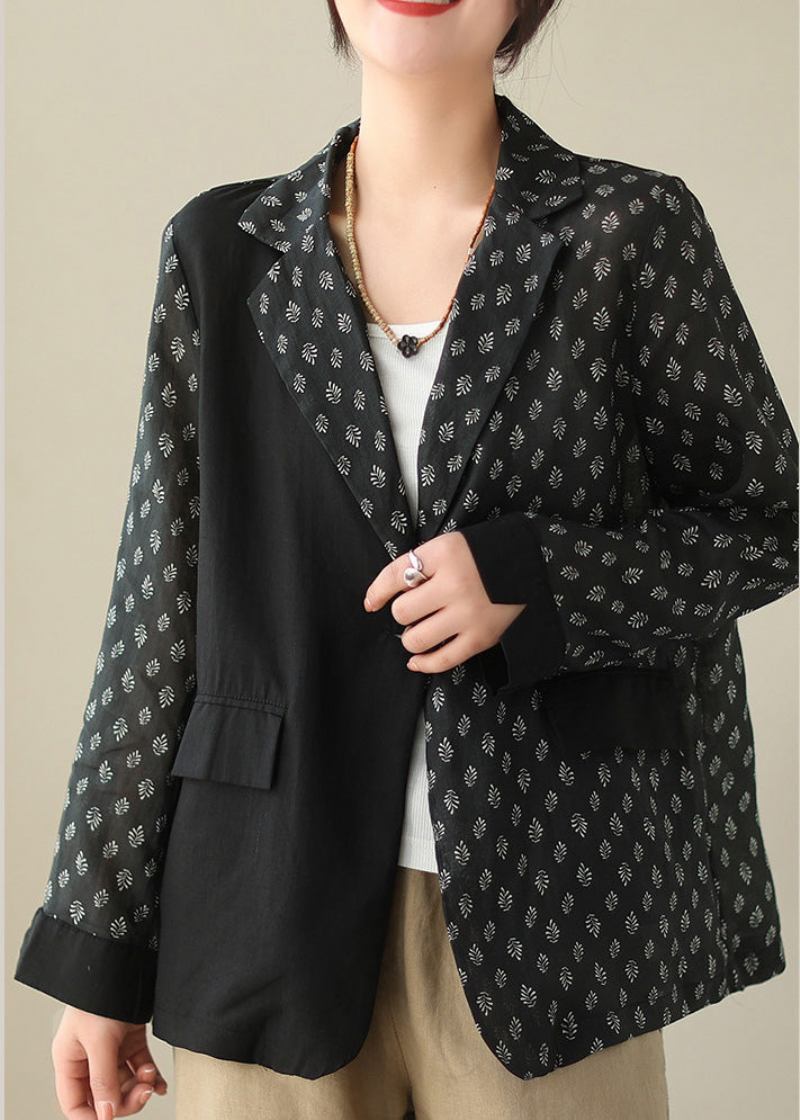 Chic Black Patchwork Button Ramie Coat Frühling - Schwarz