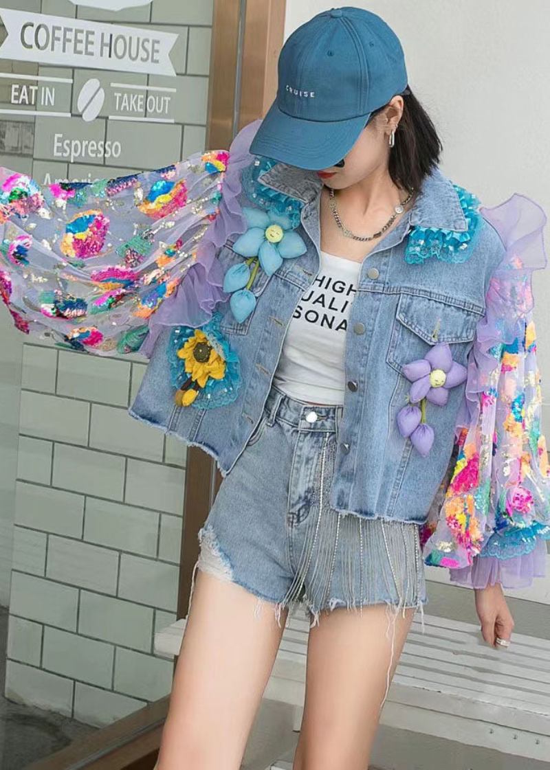 Chic Blaue Gerüschte Bestickte Patchwork-jeansjacke Aus Tüll Mit Rüschen Frühling