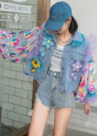 Chic Blaue Gerüschte Bestickte Patchwork-jeansjacke Aus Tüll Mit Rüschen Frühling