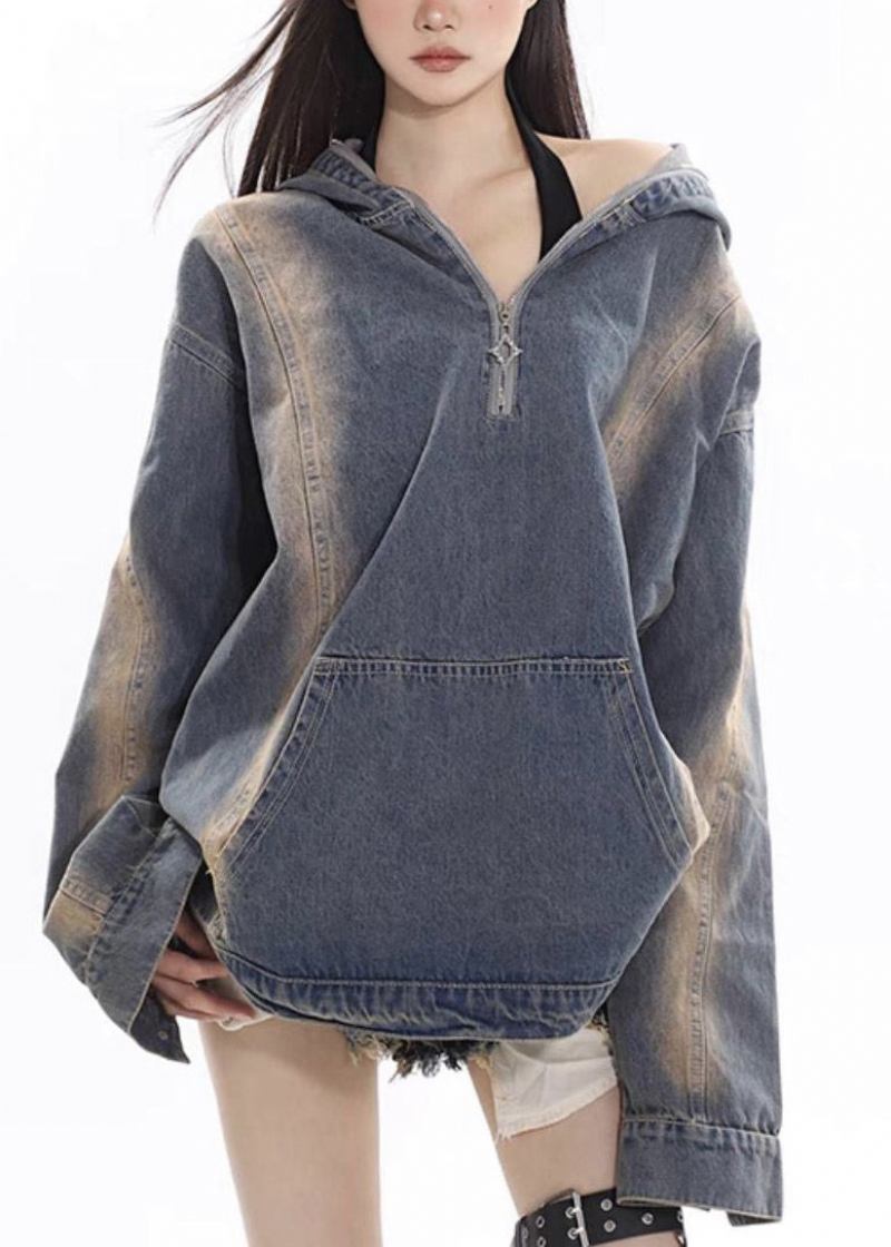 Damen-denim-blau Patchwork-kapuzenmantel Mit Reißverschluss Herbst - Damen-Wintermäntel