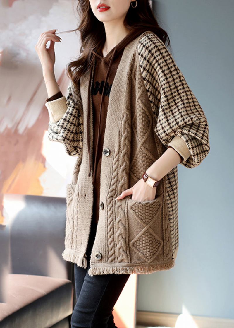 Damen Khaki V-ausschnitt Plaid Patchwork Quaste Strickmantel Herbst