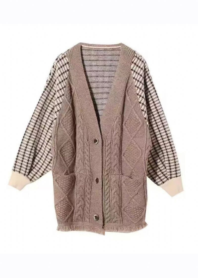 Damen Khaki V-ausschnitt Plaid Patchwork Quaste Strickmantel Herbst - Damen-Wintermäntel