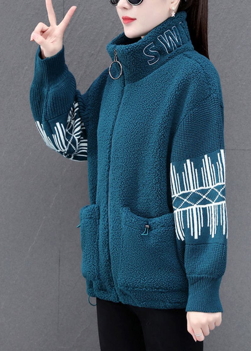 Diy Blauer Kunstpelzmantel Mit Stehkragen Und Reißverschluss Patchwork Teddy Winter - Blau