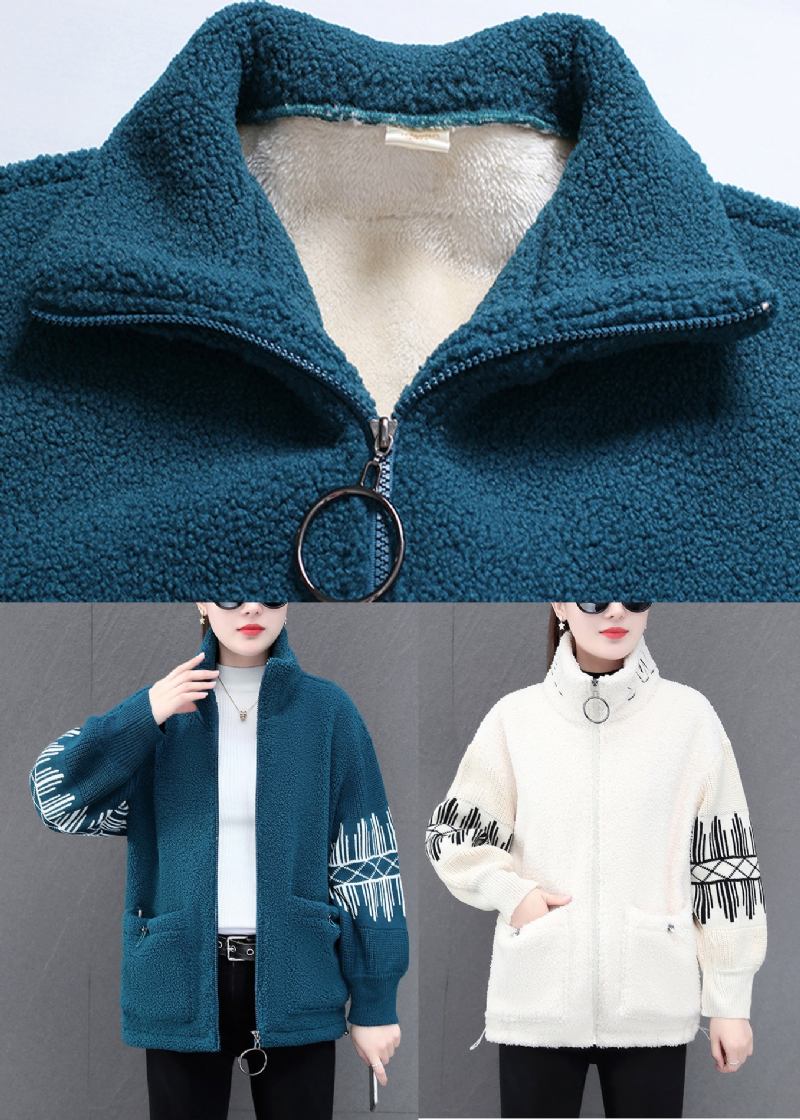 Diy Blauer Kunstpelzmantel Mit Stehkragen Und Reißverschluss Patchwork Teddy Winter - Blau