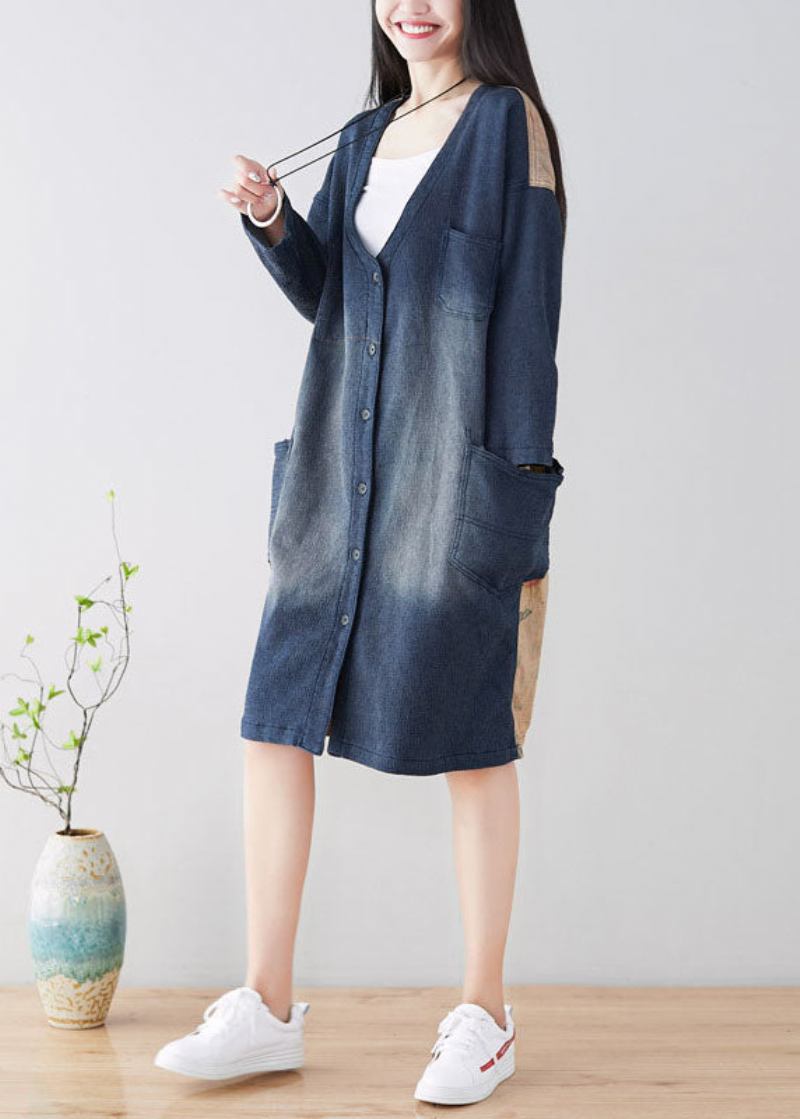 Diy-trenchcoats Mit V-ausschnitt Und Patchwork-muster Frühling - Blau