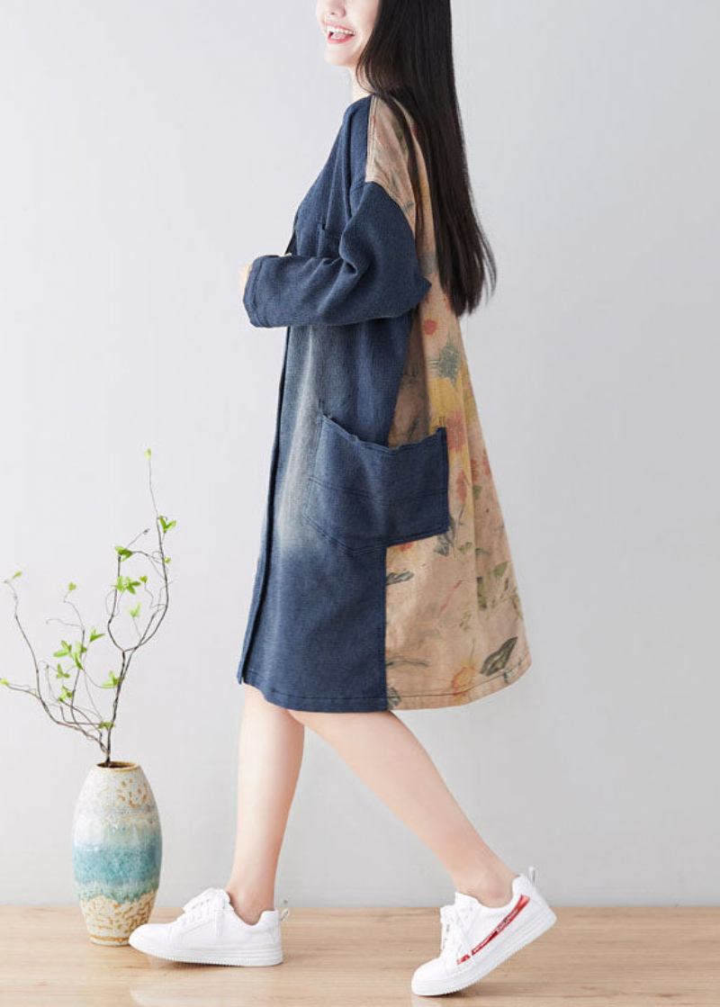 Diy-trenchcoats Mit V-ausschnitt Und Patchwork-muster Frühling - Blau