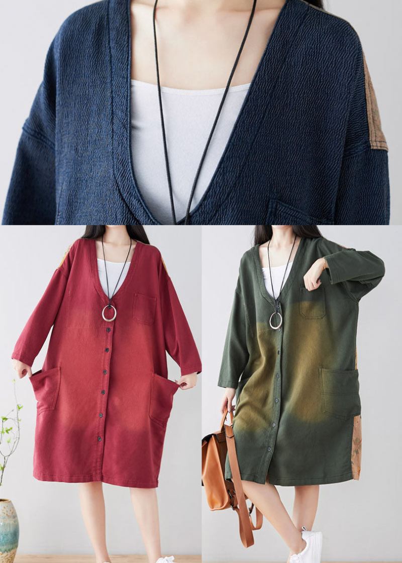 Diy-trenchcoats Mit V-ausschnitt Und Patchwork-muster Frühling - Blau