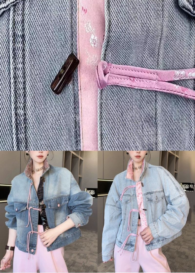 Dunkelblaue Patchwork-jeansjacke Mit Stehkragen Frühling - Damen-Wintermäntel