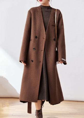 Edler Kaffeefarbener Trenchcoat Mit Taschen Wollmantel Mit Taille Für Den Winter