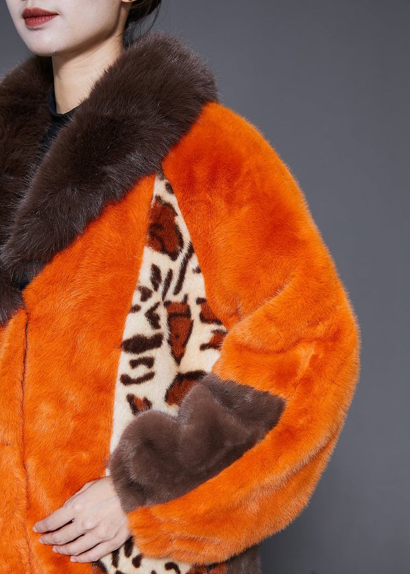 Edler Orangefarbener Patchwork-kunstpelzmantel Mit Leopardenmuster Für Den Winter - Damen-Wintermäntel