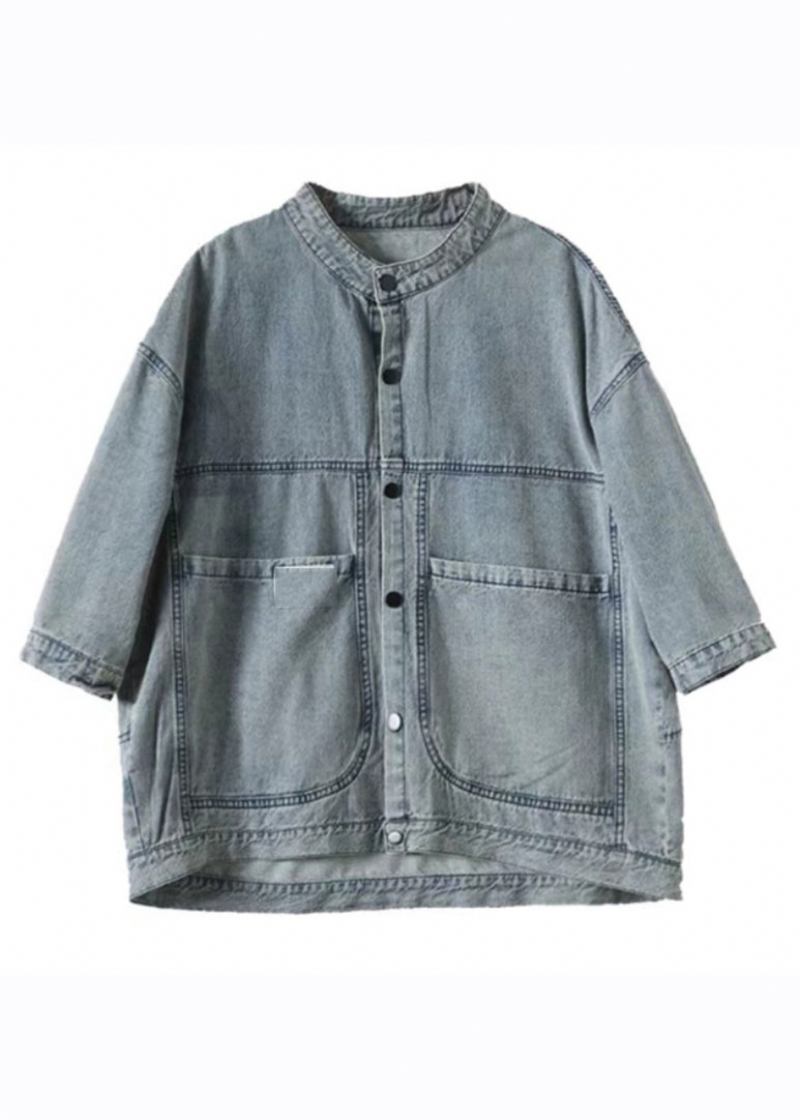 Einfache Denimblaue Patchworkjacke Mit Stehkragen Und Knopftaschen Frühling - Damen-Wintermäntel