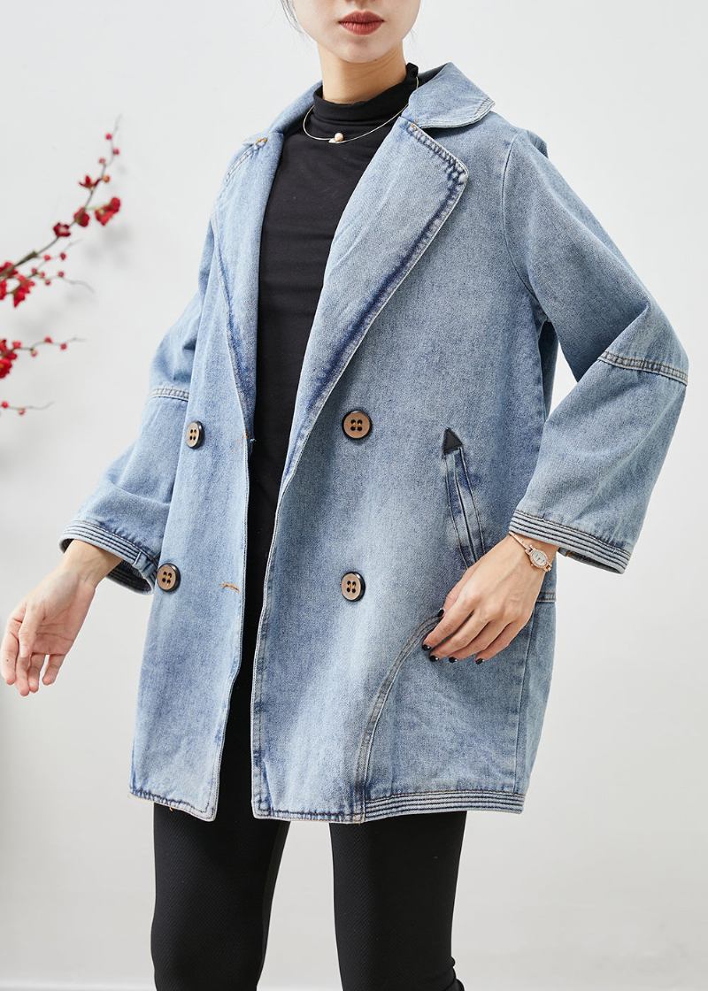 Einfache Hellblaue Zweireihige Patchwork-jeansjacken Herbst - Damen-Wintermäntel