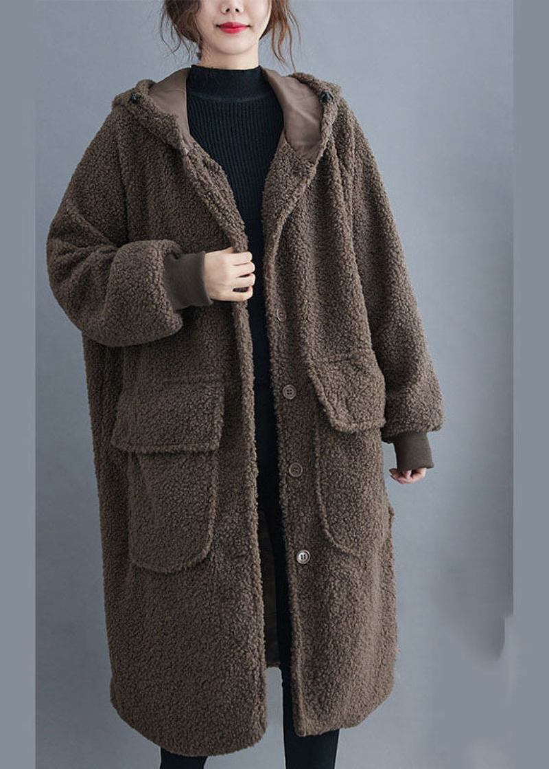 Einfacher Khakifarbener Parka Mit Kapuze Taschen Und Knopfleiste Lange Ärmel Für Den Winter