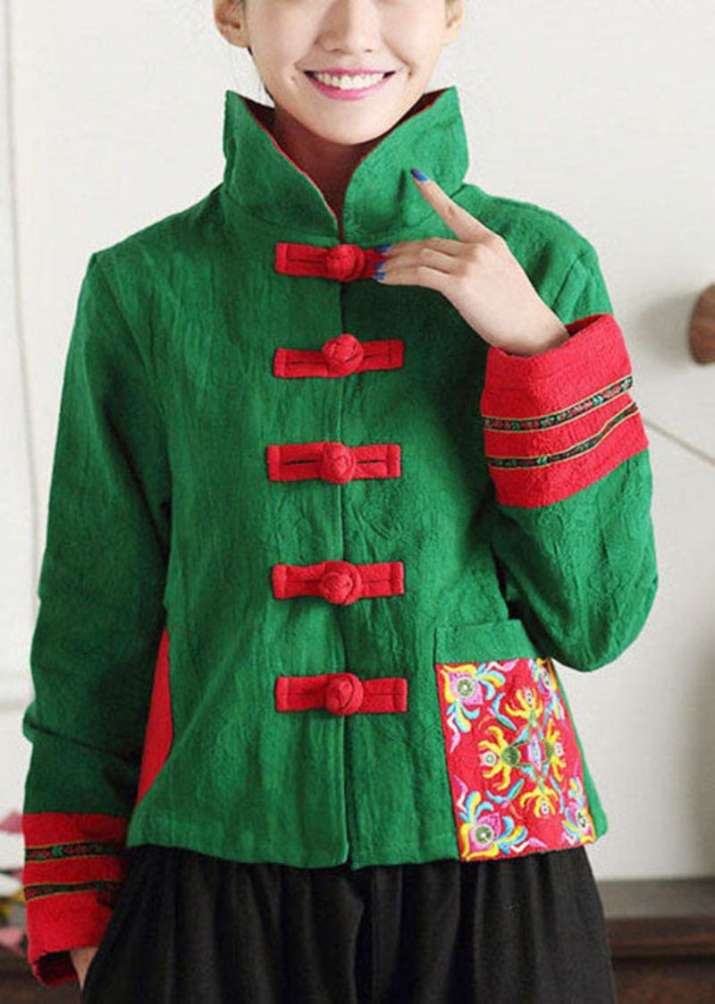 Einzigartige Grüne Baumwollmäntel Mit Stehkragen Und Stickereien Im Chinesischen Patchwork-stil Für Den Frühling - Damen-Wintermäntel