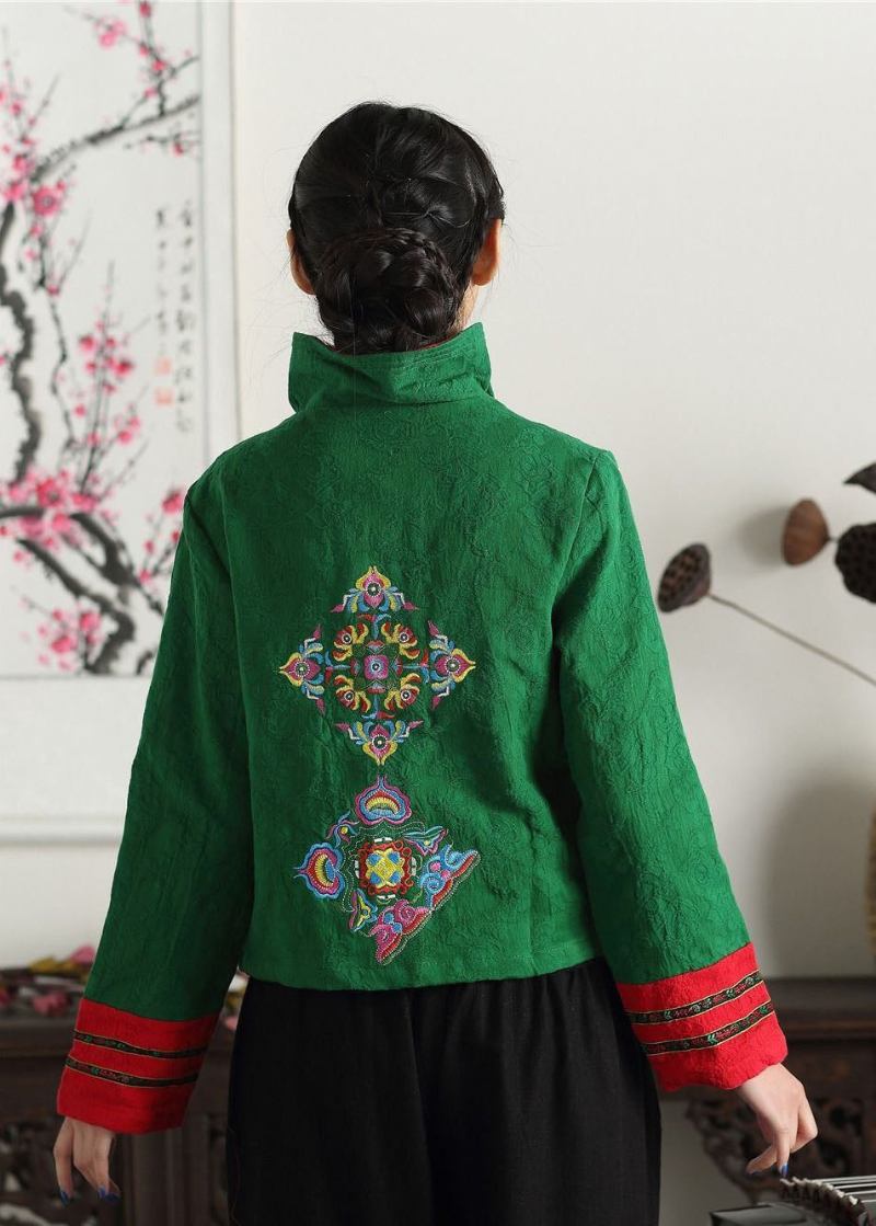 Einzigartige Grüne Baumwollmäntel Mit Stehkragen Und Stickereien Im Chinesischen Patchwork-stil Für Den Frühling - Damen-Wintermäntel